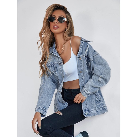 Oversized distressed ripped Front Flap Pocket Drop Shoulder Denim jean Jacket - Picture 4 of 6